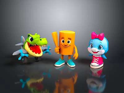 Cute Cartoon Animal Characters Green Crocodile With Wings And Blue Kitten In Pink Bow Shoes 3d model