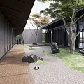 Serene Traditional Courtyard Garden With Wooden Walkway Stones Grass Trees And Gray Walls