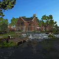 Red Brick Detached Villa With Dark Roof Lush Green Trees Pond Waterfall And Wooden Deck