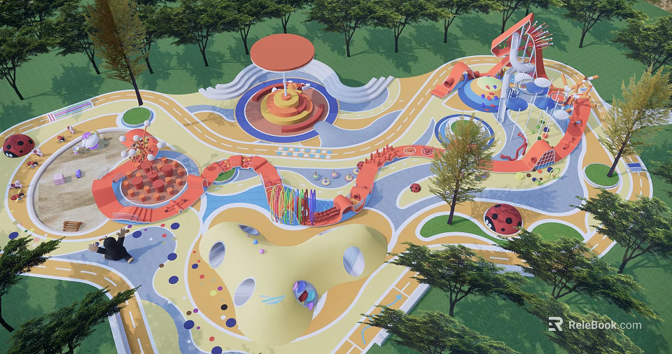 Children's Outdoor Playground With Colorful Play Structures Slides Climbing Areas And Trees 3d model 