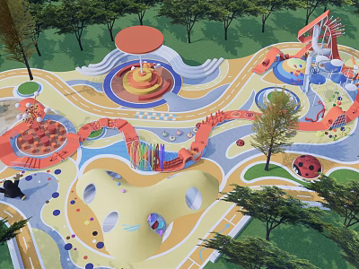 Children's Outdoor Playground With Colorful Play Structures Slides Climbing Areas And Trees 3d model