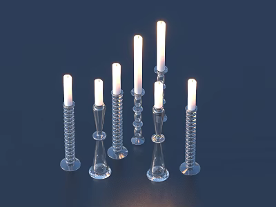 Elegant Lit Decorative Candles With Transparent Glass Bases Spiral And Conical Shapes For Home Decor 3d model