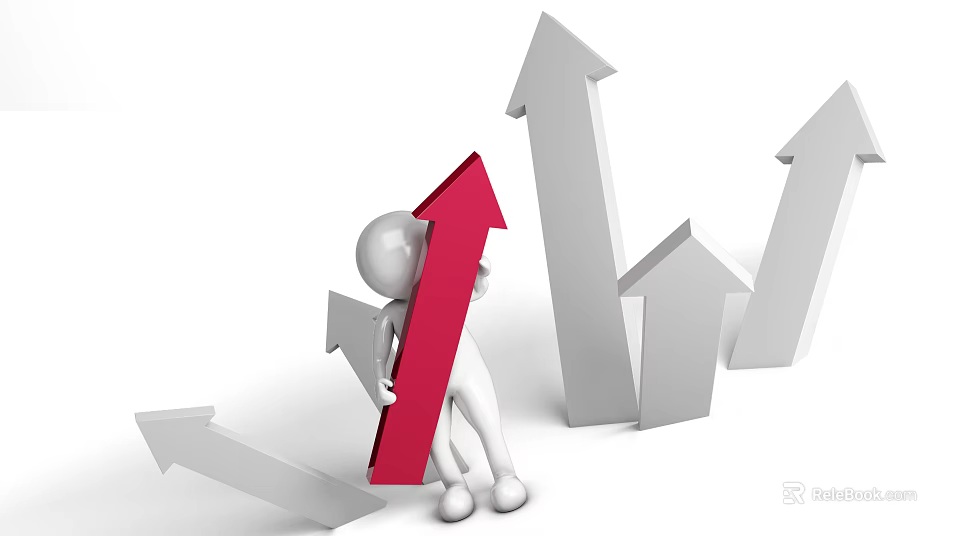 3D Character Pushing Red Upward Arrow Among Gray Arrows For Growth Trend 3d model 