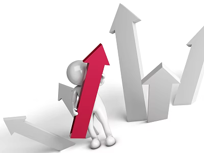 3D Character Pushing Red Upward Arrow Among Gray Arrows For Growth Trend 3d model