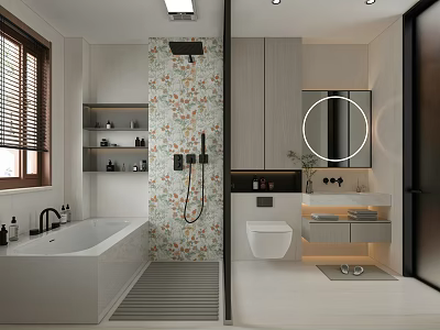 Modern Bathroom Interior Design With Bathtub Toilet Floral Patterned Shower Wall Mirror And Vanity 3d model