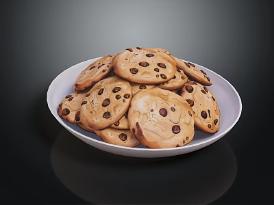 Delicious Chocolate Chip Cookies on a White Plate Filled with Melty Chocolate Chips 3d model