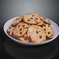 Delicious Chocolate Chip Cookies on a White Plate Filled with Melty Chocolate Chips