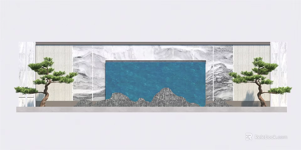 Landscape Wall With Blue Water Feature And Mountain Pattern Decorated By Pine Trees 3d model