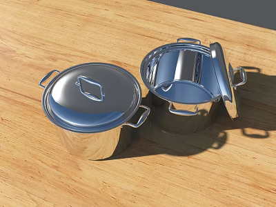 Shiny Stainless Steel Cooking Pots With Open And Closed Lids On Wooden Countertop 3d model