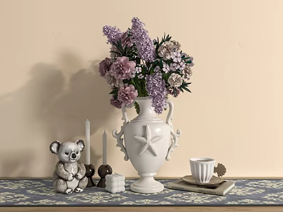 White Vase Purple Pink Flowers Koala Figurine Candles Decorative Ornament Set On Patterned Table Runner 3d model