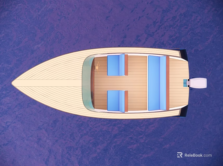 Top View Of Light Wooden Boat With Blue Seats On Purple Water Background 3d model 