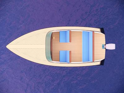 Top View Of Light Wooden Boat With Blue Seats On Purple Water Background 3d model