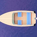 Top View Of Light Wooden Boat With Blue Seats On Purple Water Background