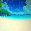 Cartoon Beach Scene With Palm Trees Blue Sky White Clouds And Turquoise Water