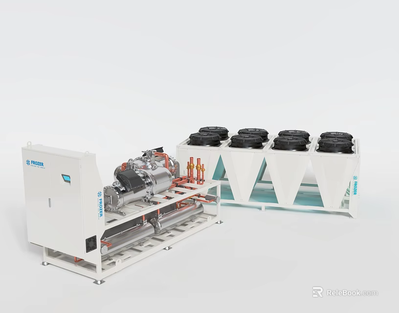 Industrial Chiller Equipment With Cooling Towers Compressor And Piping System 3d model 