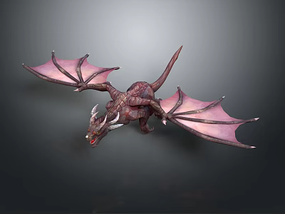 3D Mythical Dragon Model With Dark Red Body Pink Wings And Horned Head 3d model
