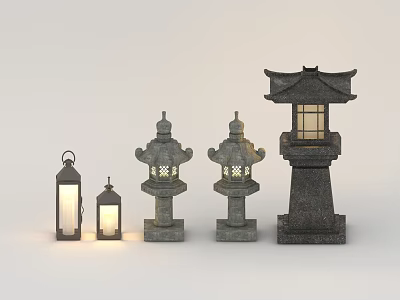 Traditional Outdoor Lights With Stone Base Lattice Design And Pagoda Style Lanterns 3d model
