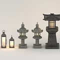 Traditional Outdoor Lights With Stone Base Lattice Design And Pagoda Style Lanterns