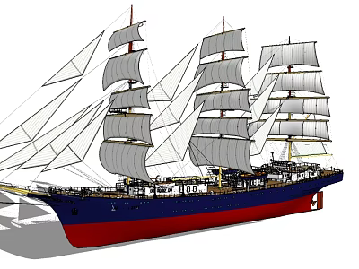 Classic Sailing Ship With Multiple Sails Masts And Red Blue Hull Design 3d model