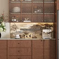 Wooden Sideboard with Glass Door Display Shelves Built-in Lighting and Vase with Flowers