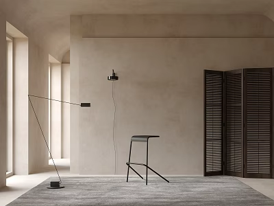 Minimalist Interior Space With Sleek Single Chair Floor Lamp Neutral Rug And Louvered Doors 3d model