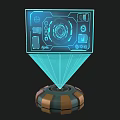 Sci Fi Holographic Projection Device With Blue Interface Control Icons And Orange Brown Base