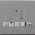 Various Cleaning Tools And Storage Solutions With White Bins And Mop Holders For Home Organization