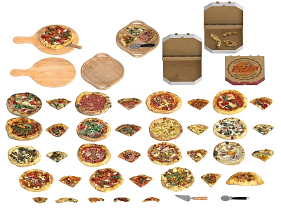 Various Delicious Pizza Types with Assorted Toppings Boxes and Spatulas 3d model