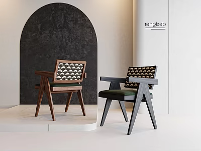 Modern Dining Chairs With Wooden Frame Green Upholstery And Woven Backrest In Minimalist Interior 3d model
