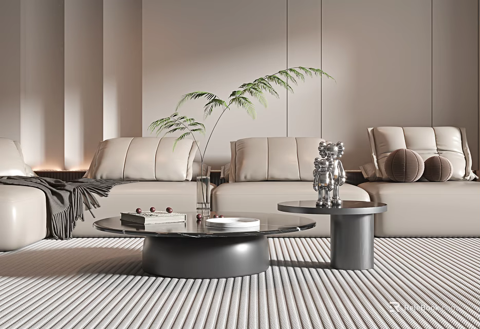 Modern Elegant Coffee Table in Minimalist Living Room with Beige Sofa and Decorative Plants 3d model 