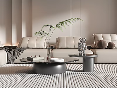 Modern Elegant Coffee Table in Minimalist Living Room with Beige Sofa and Decorative Plants 3d model