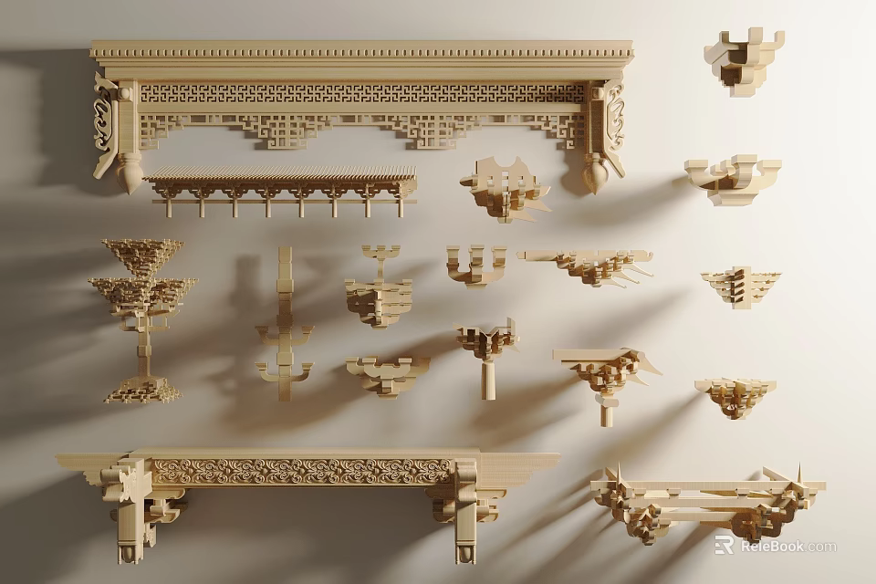 Traditional Wooden Carved Architectural Components With Various Decorative Designs And Details 3d model 