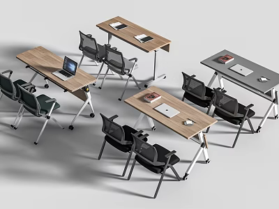 Modern Office Workspace Table And Chair Sets With Wooden Gray Desktops And Black Rolling Chairs 3d model