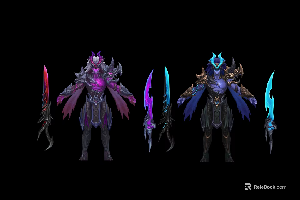 Fantasy Armored Characters With Purple Blue Armor Wings And Red Blue Bladed Weapons 3d model 