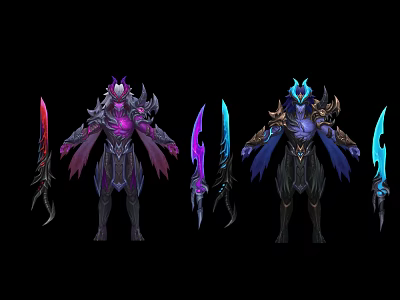 Fantasy Armored Characters With Purple Blue Armor Wings And Red Blue Bladed Weapons 3d model