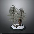 Figure In Red Coat Standing With Pine Trees On Snowy Ground And Sled Nearby