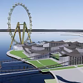 Modern Commercial Complex With Ferris Wheel Waterfront Green Space And Architectural Design
