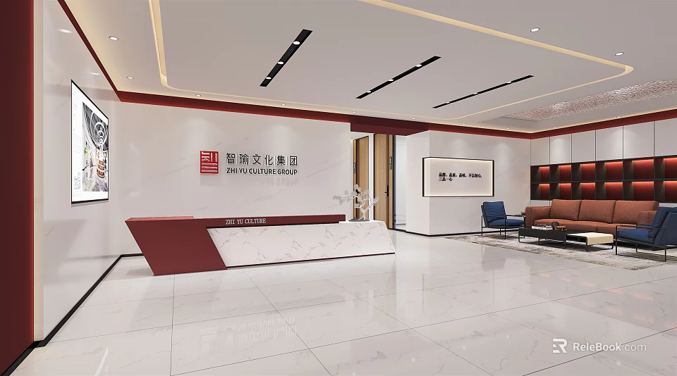 Modern Office Reception Desk Area With Company Logo Waiting Sofa And Elegant Front Lobby Design 3d model 