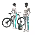 Models In Gray Sportswear With Turquoise Accents Standing By Mountain Bike And Green Backpack