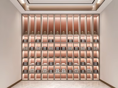 Elegant Modern Bookcase With Gold Accents Glass Doors And Layered Lighting Design 3d model