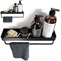 Black Bathroom Storage Shelf with Toiletry Bottles Soap Bar and Hanging Towel