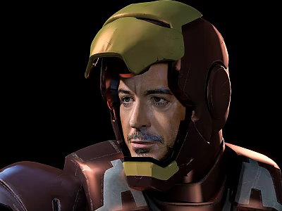 Game Movie Character Iron Man In Brown Yellow Armor With Helmet Close Up 3D Render 3d model