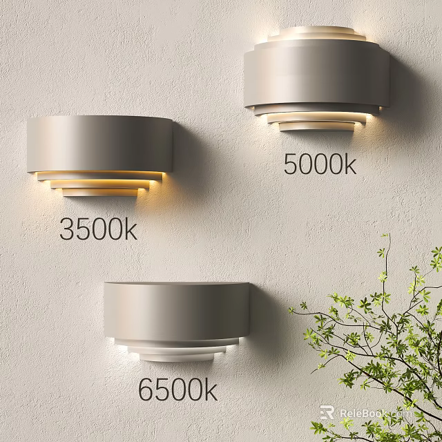 Sleek Silver Circular Wall Lamps With Color Temperatures 3500k 5000k 6500k And Green Plant Accent 3d model 