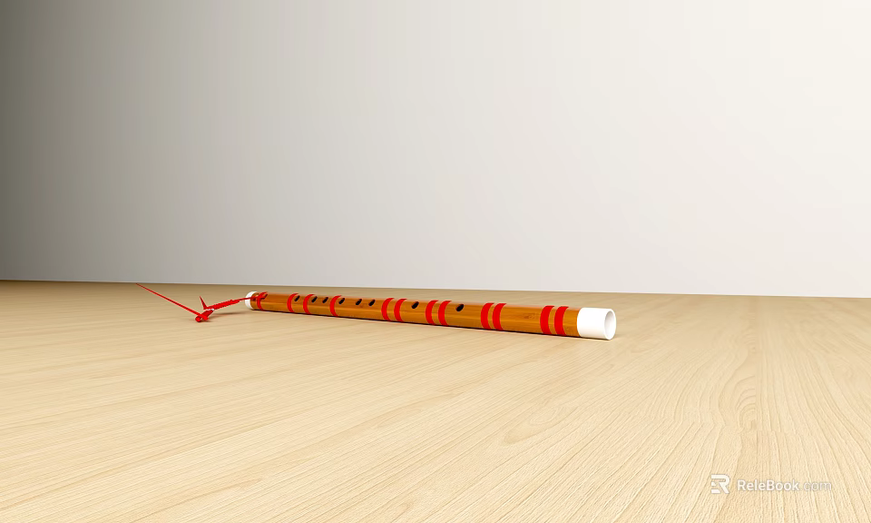Traditional Bamboo Flute and Art Supplies on Wooden Table with White Wall Background 3d model 