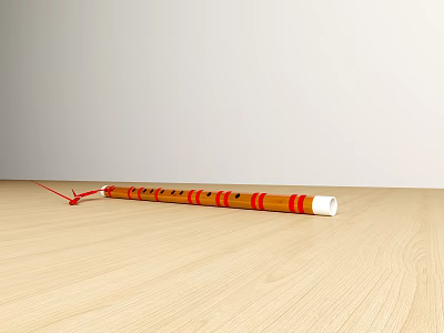 Traditional Bamboo Flute and Art Supplies on Wooden Table with White Wall Background 3d model