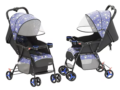 Functional Stroller With Purple Floral Pattern Black Frame Blue Wheels Canopy And Storage Basket 3d model