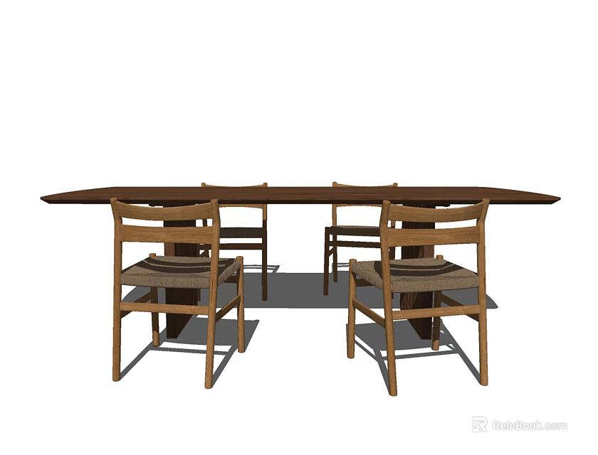 Modern Wooden Dining Table Set With Rectangular Tabletop And Four Chairs 3d model 