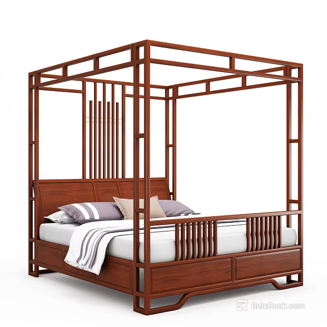 Wooden Four Poster Double Bed With Vertical Slat Headboard Pillows And Striped Blanket 3d model 