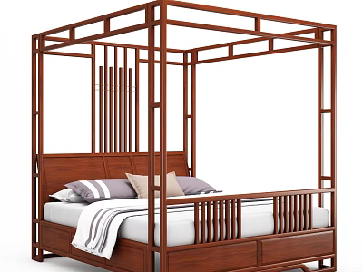 Wooden Four Poster Double Bed With Vertical Slat Headboard Pillows And Striped Blanket 3d model