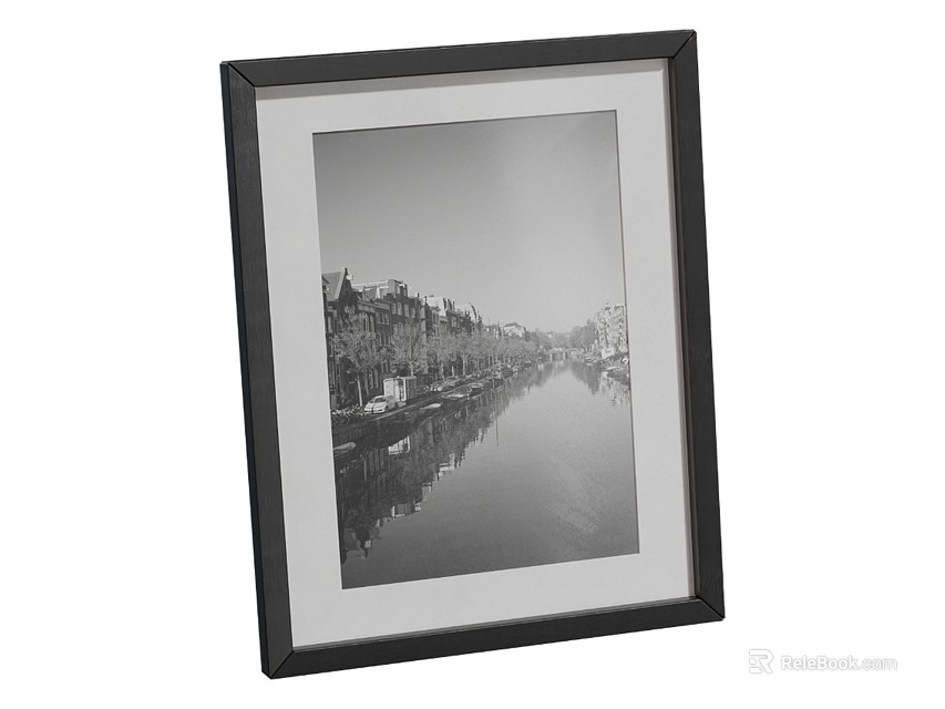 Photo Frame With Black Border Featuring Black And White Canal Scenery And Building Reflections 3d model 